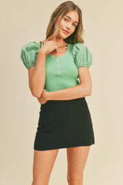 Green Ribbed Knit Contrast Puff Sleeve Top