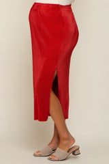Rust Red Pleated Side Slit Maternity Midi Skirt