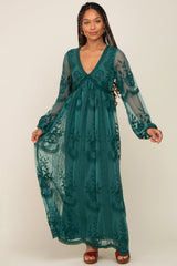 PinkBlush Emerald Green Lace Mesh Overlay Long Sleeve Maxi Dress