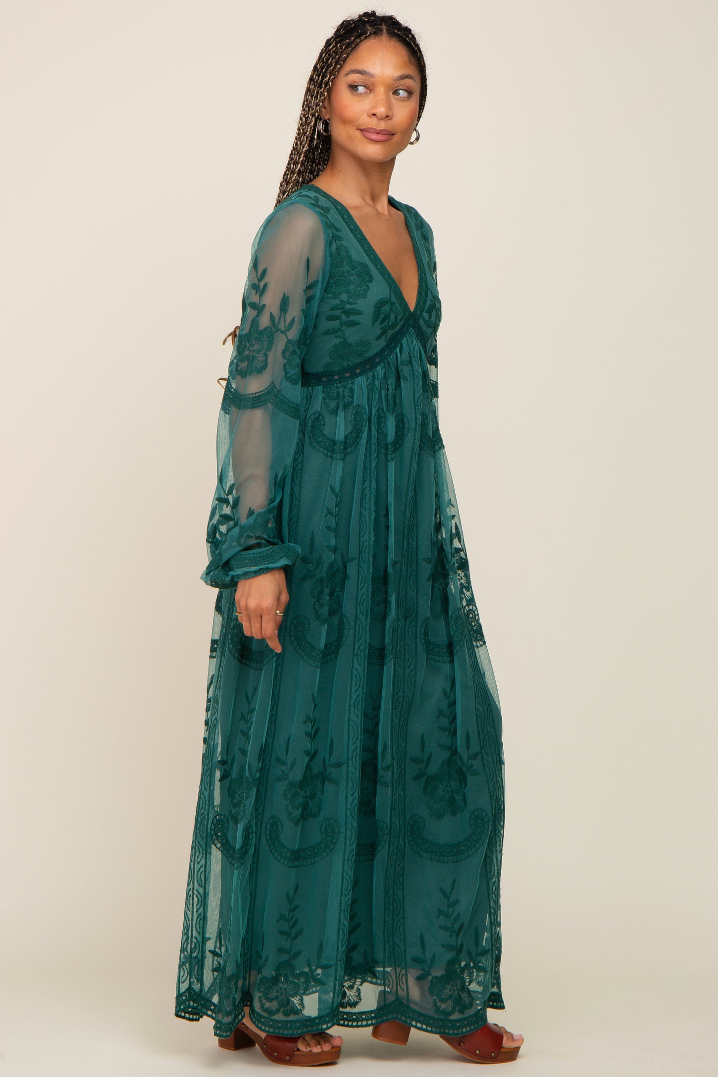 PinkBlush Emerald Green Lace Mesh Overlay Long Sleeve Maxi Dress