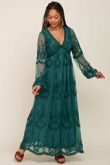 PinkBlush Emerald Green Lace Mesh Overlay Long Sleeve Maxi Dress