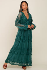 PinkBlush Emerald Green Lace Mesh Overlay Long Sleeve Maxi Dress