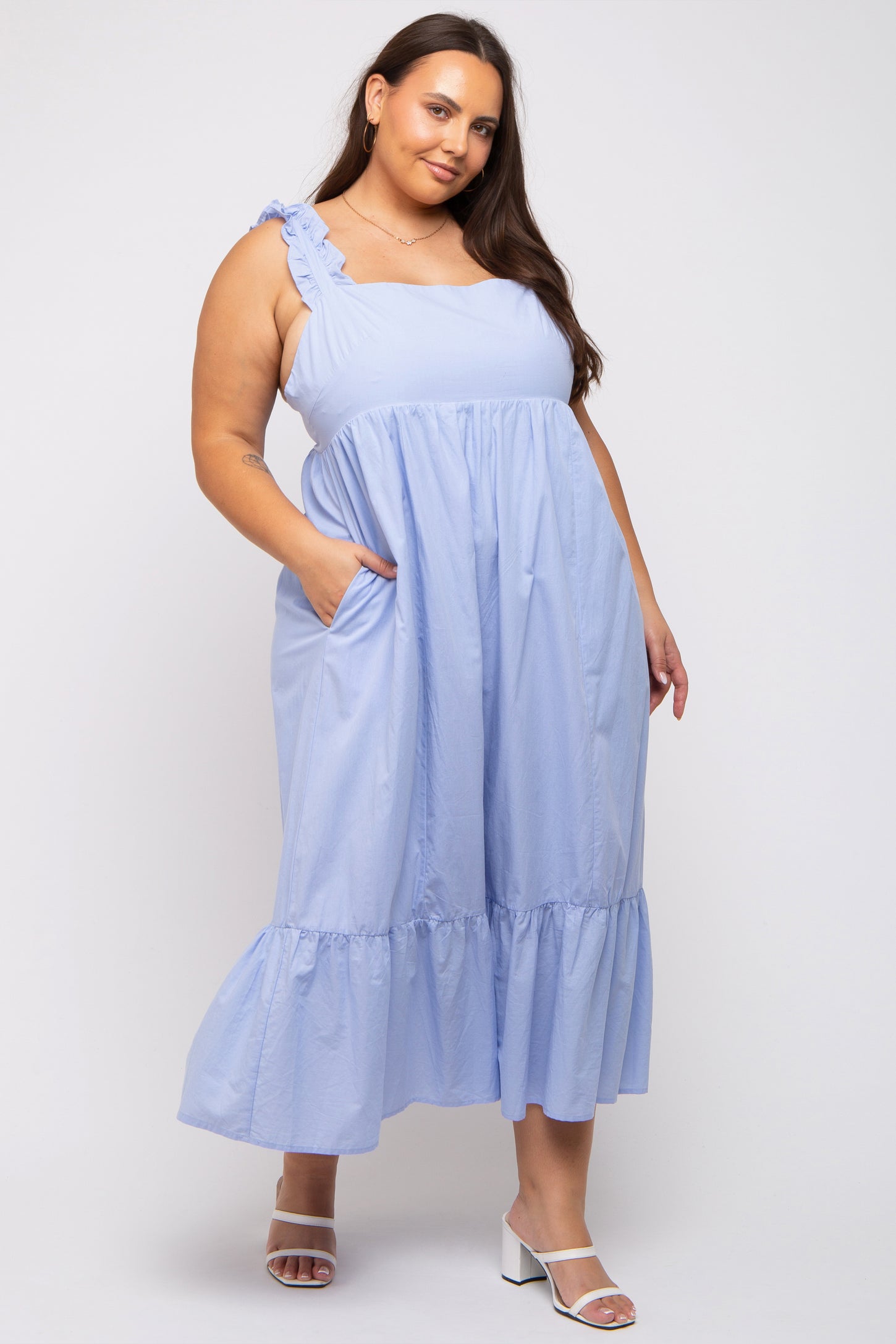 Light Blue Ruffle Strap Back Tie Maternity Plus Midi Dress