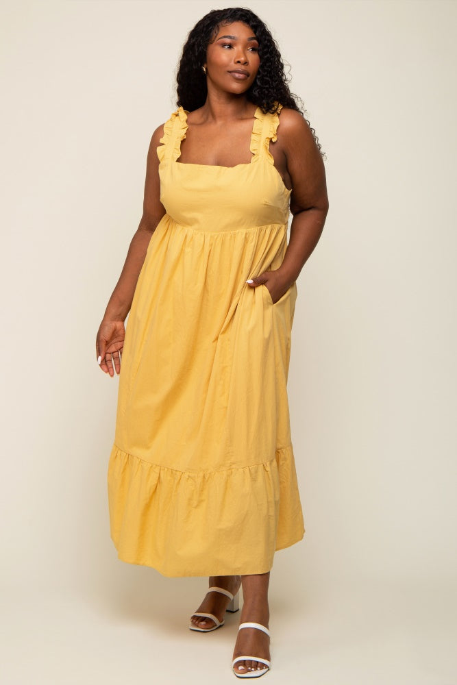 Yellow Ruffle Strap Back Tie Plus Midi Dress
