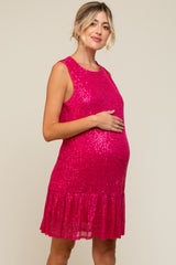 Fuchsia Sequin Sleeveless Ruffle Hem Maternity Dress