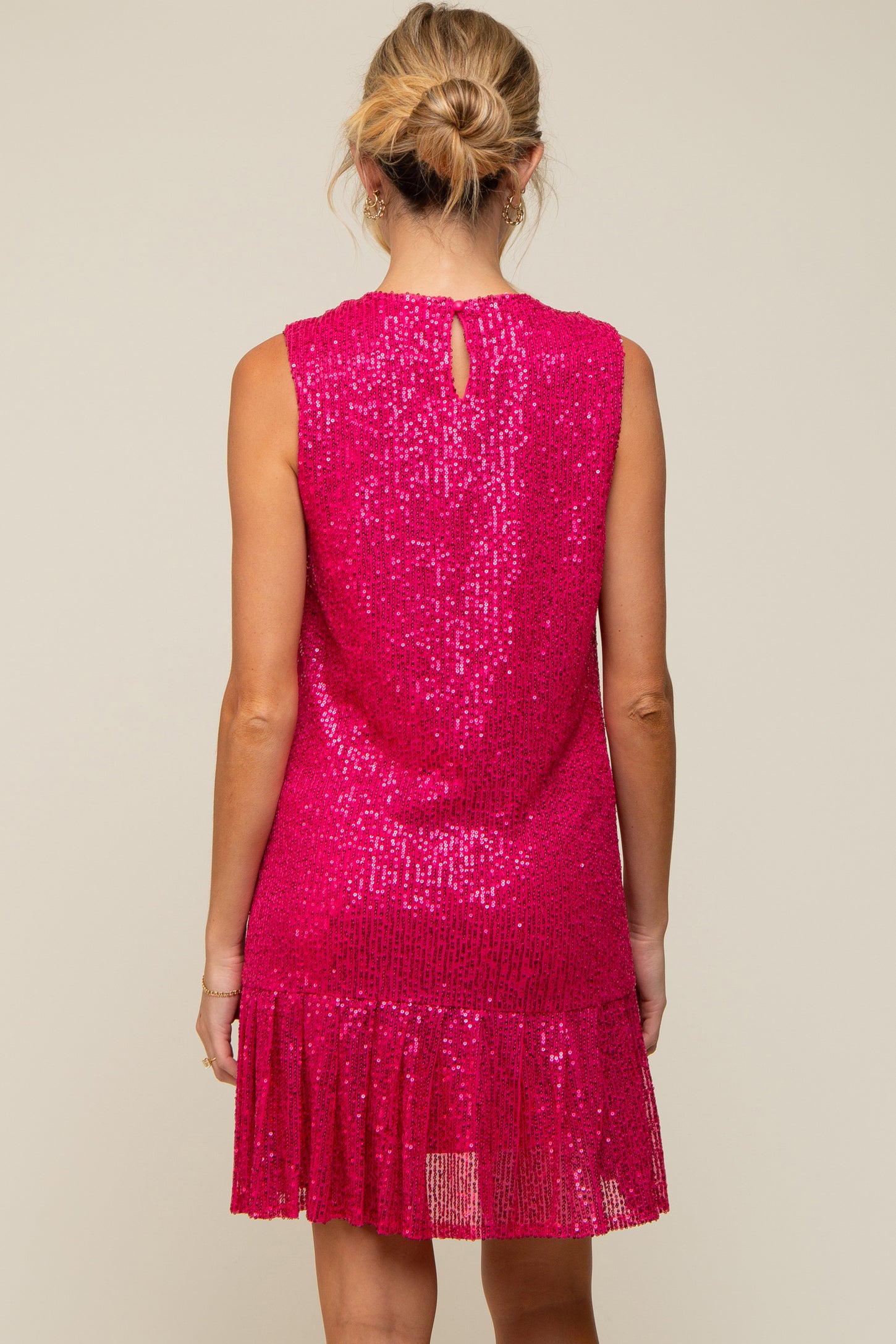 Fuchsia Sequin Sleeveless Ruffle Hem Maternity Dress