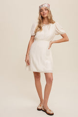 Cream Classic Short Sleeve Cinched Waist Dress