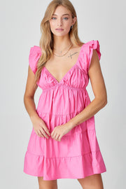 Pink Deep V-Neck Tiered Mini Dress