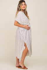 Ivory Striped Side Slit Tassel Tie Maternity Cover-Up