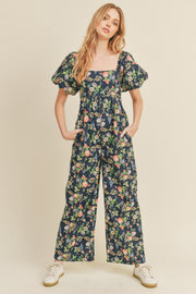 Navy Floral Floral Wide Leg Puff Sleeve Jumpsuit