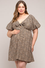 Cream Cheetah Print Knotted Puff Sleeve Plus Maternity Dress