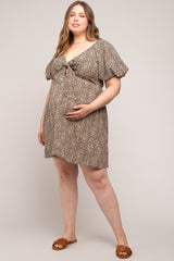 Cream Cheetah Print Knotted Puff Sleeve Plus Maternity Dress