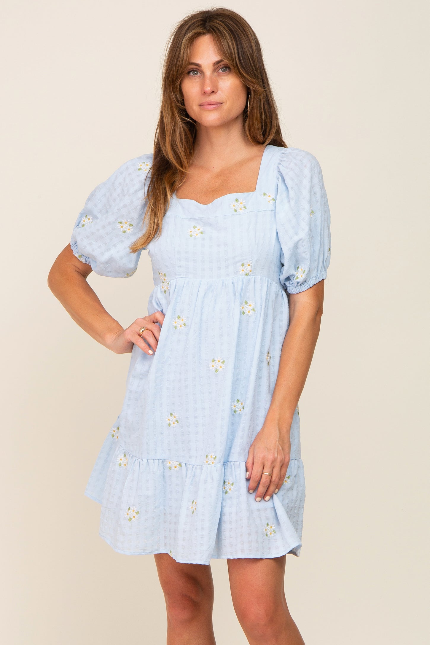Light Blue Floral Embroidered Puff Sleeve Maternity Dress