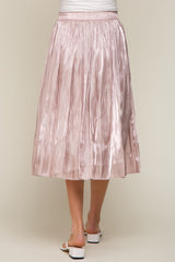 Light Pink Pleated Shimmer Satin Maternity Midi Skirt