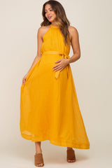 Yellow Linen A-line Maternity Midi Dress