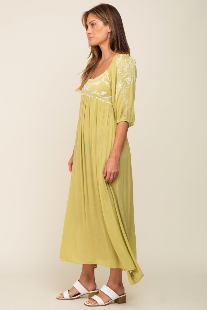 Green 3/4 Sleeve Embroidered Maxi Dress
