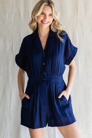 Navy Solid Button-Up Romper