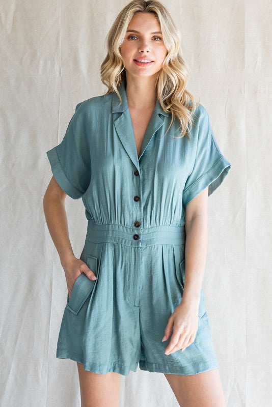 Sage Solid Button-Up Romper