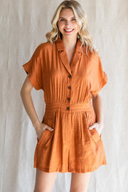 Rust Solid Button-Up Romper