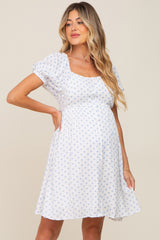 Blue Floral Dotted Button Front Maternity Dress