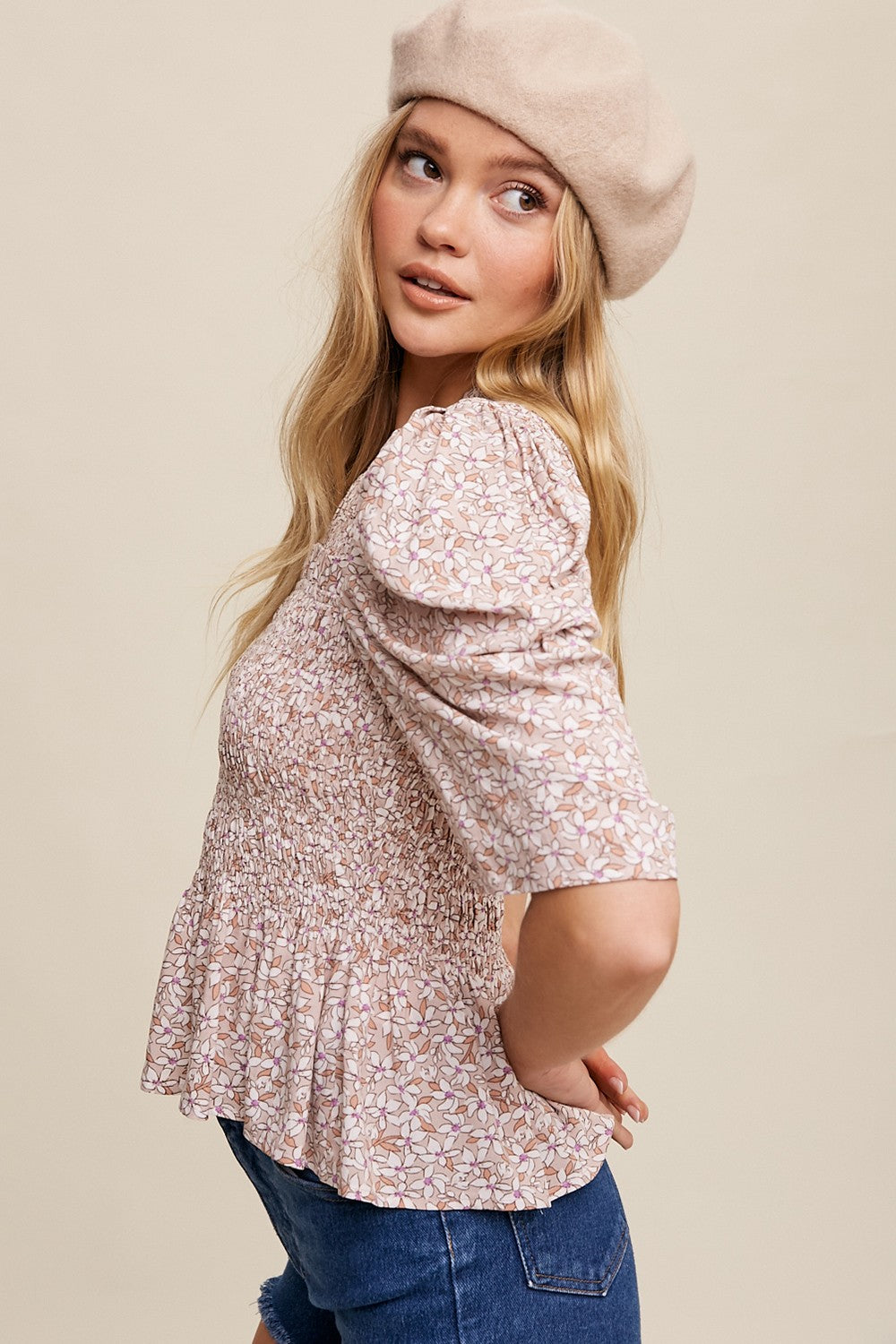 Taupe Flower Print Smocked Bodice Puff Sleeve Top