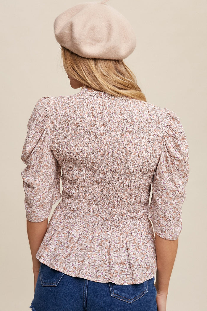 Taupe Flower Print Smocked Bodice Puff Sleeve Top