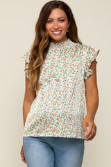 Beige Floral Satin Smocked Neck Maternity Blouse