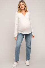 Cream Rib Knit Button Accent Maternity Long Sleeve Top