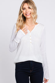 Ivory Rib Knit Button Accent Long Sleeve Top