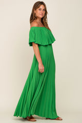 Green Pleated Off Shoulder Maxi Dress