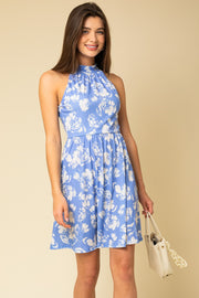 Blue White Floral Halter Mini Dress