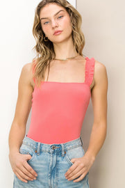 Coral Ribbed Ruffle Strap Bodysuit