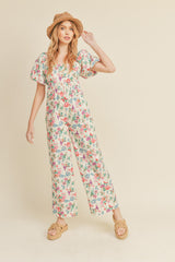 Ivory Floral Wide Leg Puff Sleeve Jumpsuit