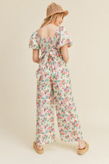 Ivory Floral Wide Leg Puff Sleeve Jumpsuit