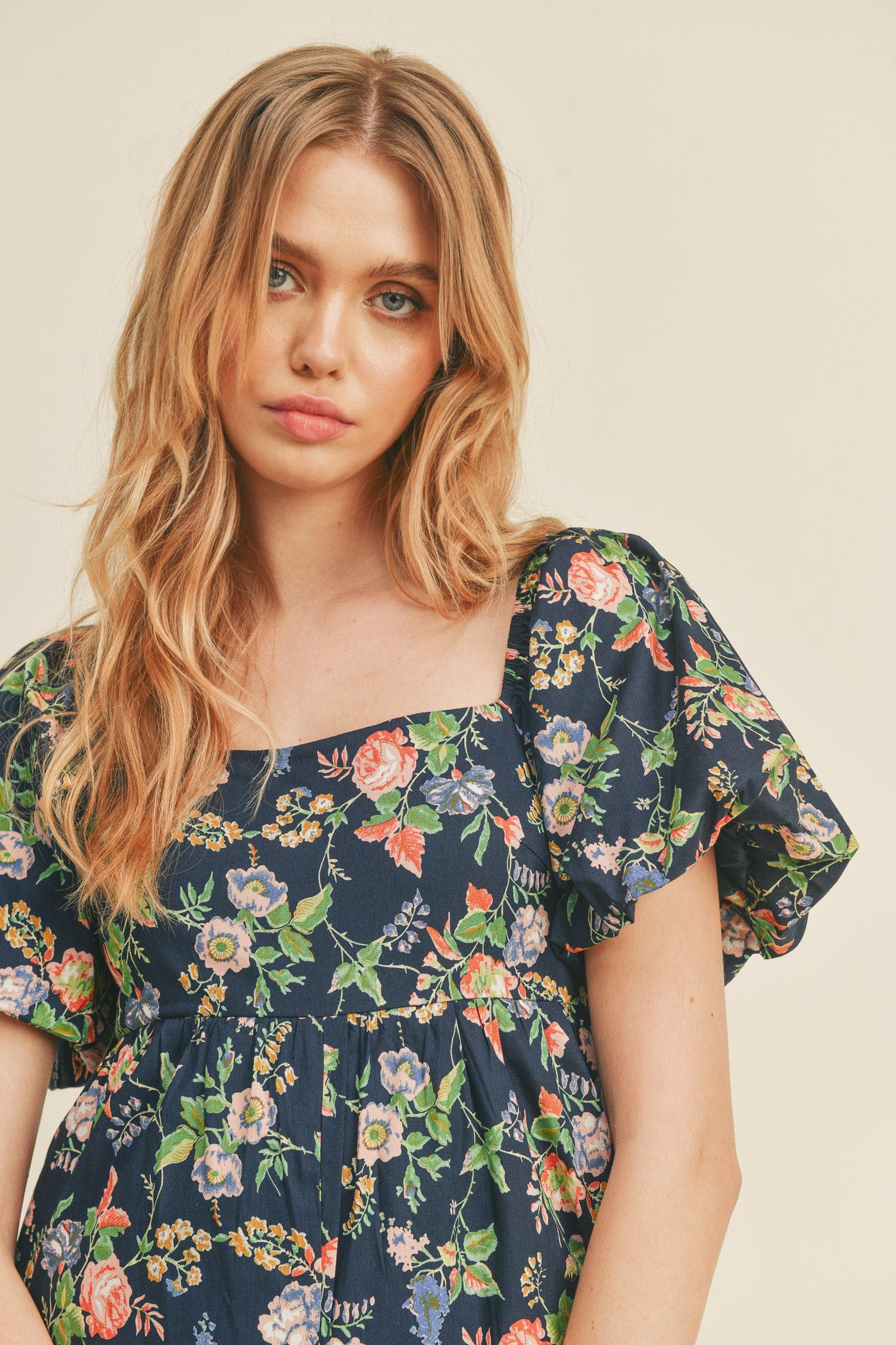 Navy Floral Wide Leg Puff Sleeve Jumpsuit
