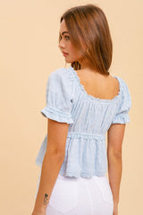 Baby Blue Knit Textured Puff Sleeve Top