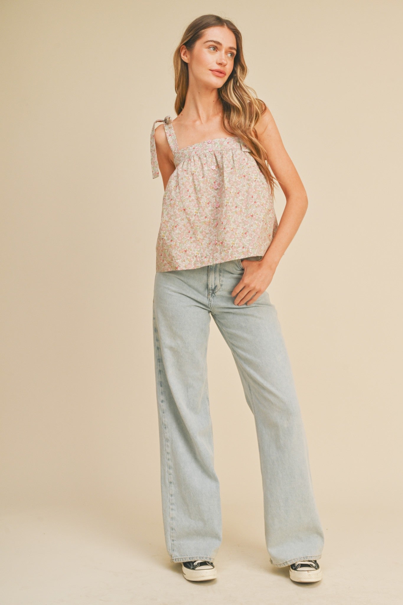 Dusty Pink Floral Button Down Tie Strap Tank