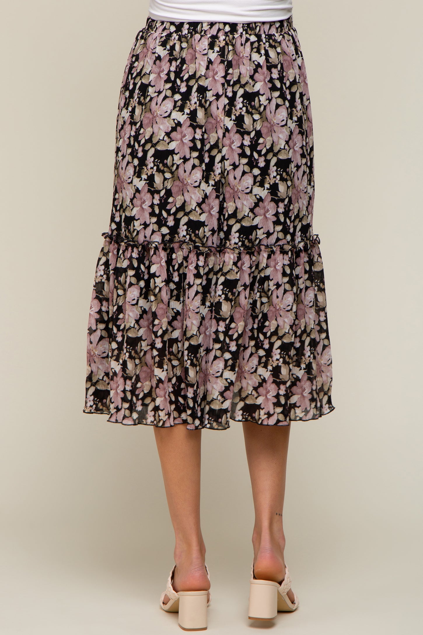 Black Floral Plisse Ruffle Accent Maternity Midi Skirt