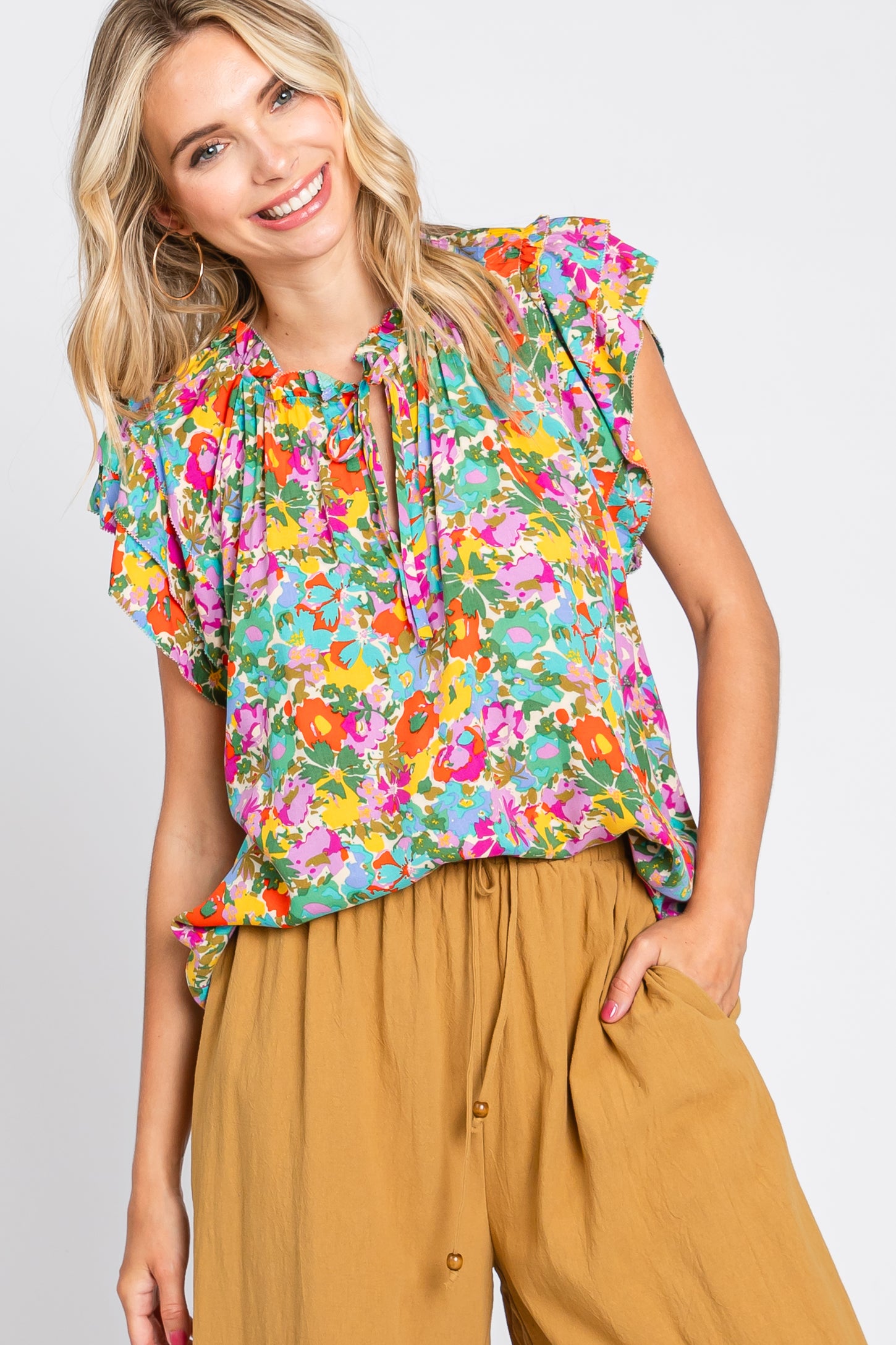 Mint Green Multi-Color Floral Ruffle Front Tie Top