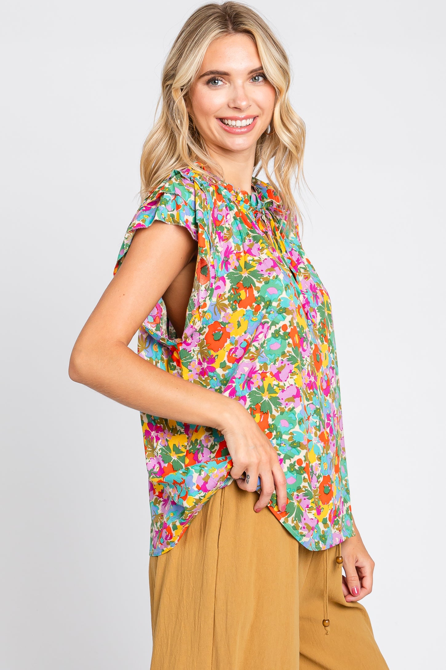 Mint Green Multi-Color Floral Ruffle Front Tie Top