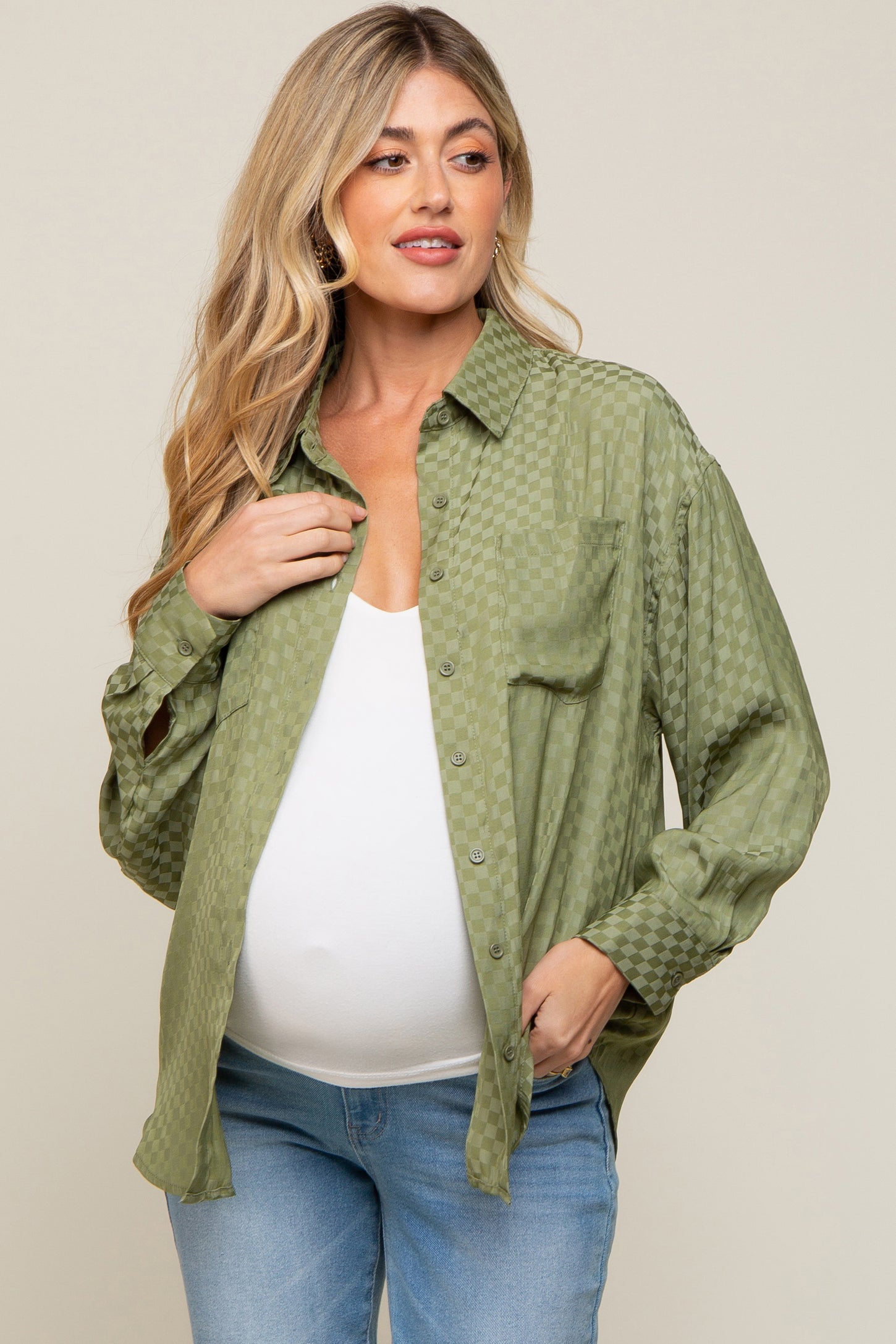 Olive Satin Checkered Button-Down Long Sleeve Maternity Top