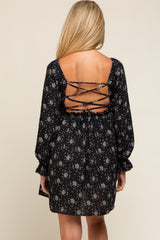 Black Floral Smocked Lace Up Back Maternity Dress