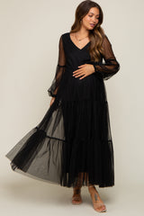 Black Mesh Overlay Tiered Maternity Maxi Dress