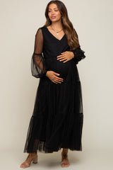 Black Mesh Overlay Tiered Maternity Maxi Dress