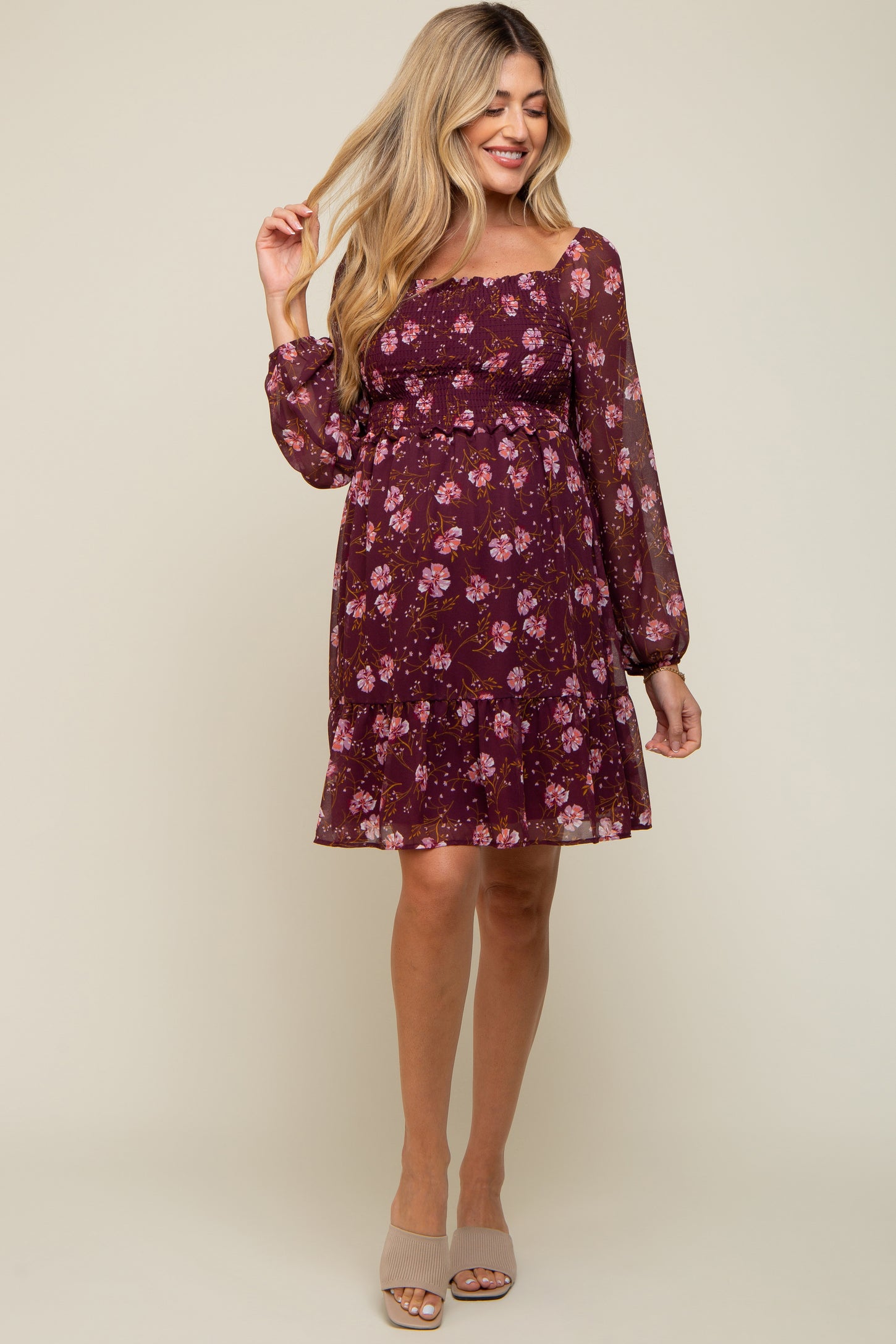 Burgundy Floral Smocked Long Sleeve Maternity Dress