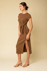 Brown Rib Knit Side Tie Midi Dress