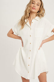 Ivory Button Up Shirt Dress With Pocket