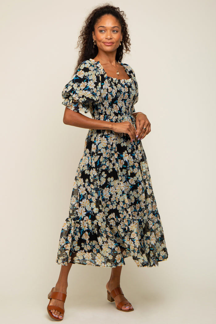 Black Floral Puff Sleeve Midi Dress