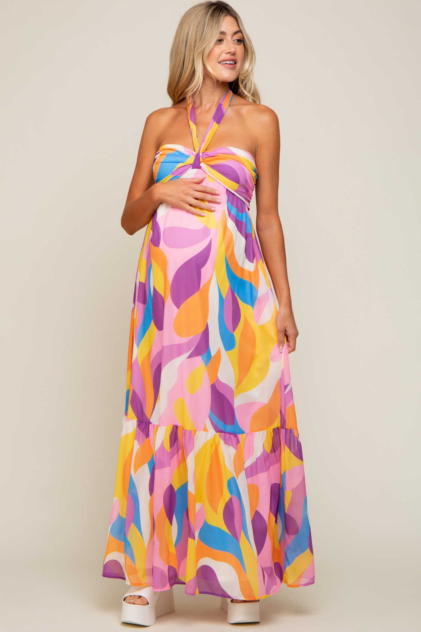 Yellow Printed Halter Maternity Maxi Dress