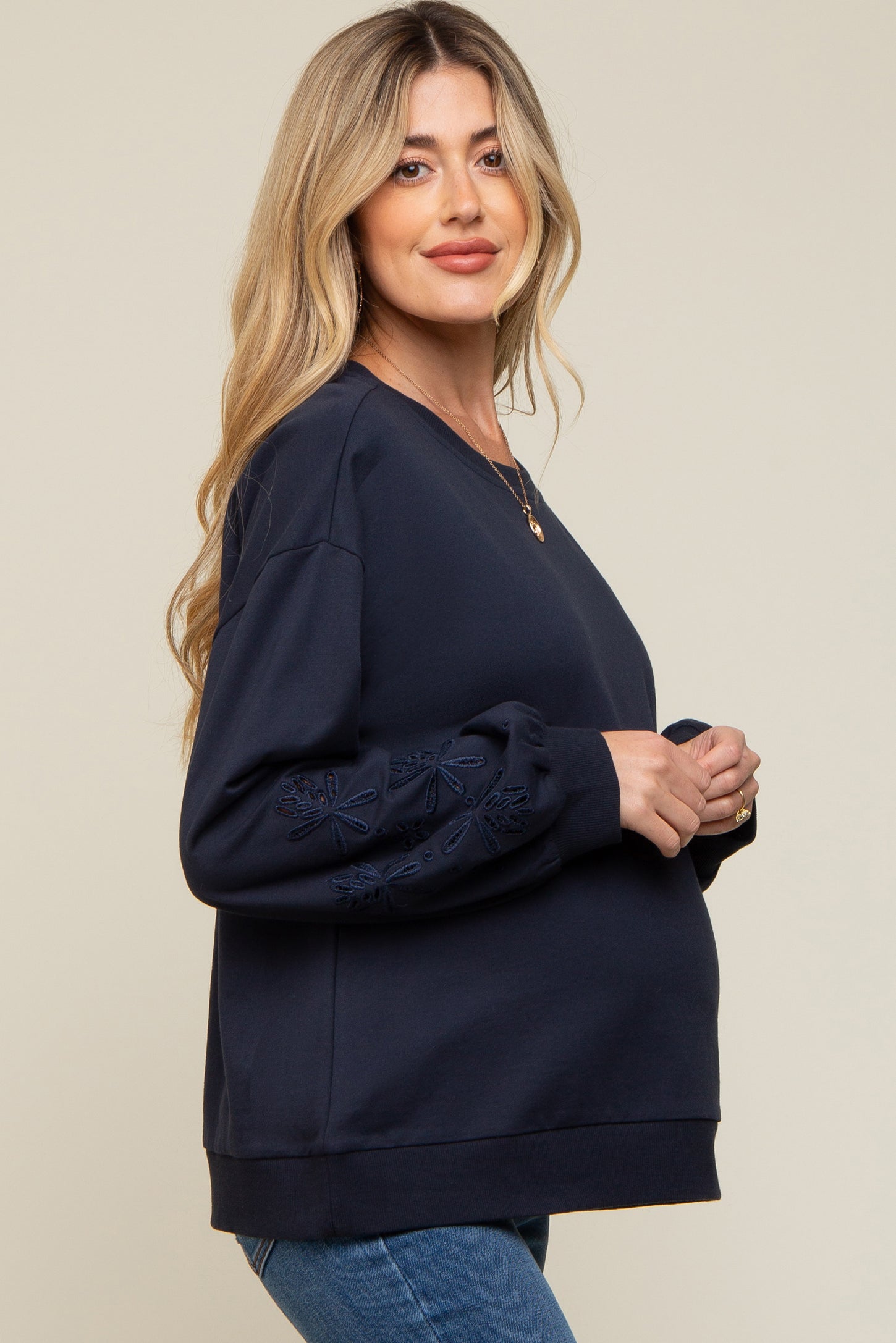 Navy Embroidered Long Sleeve Maternity Top